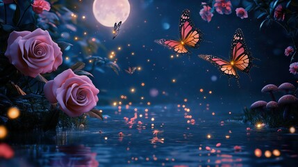 Wall Mural - A captivating fantasy world with a shimmering enchanted lake, floating fireflies, mystical pink roses, glowing mushrooms, and two enchanted butterflies flying under a celestial moon.