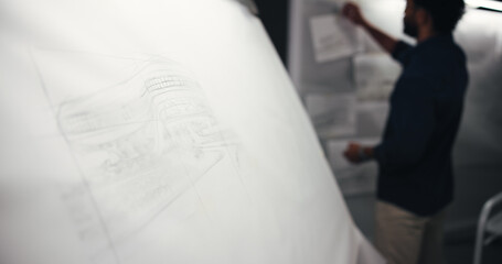 Poster - Man, blueprint or night with construction design or drawing for building plan, document or architecture. Male person, architect or civil engineer working late with paper, sketch or draft for project