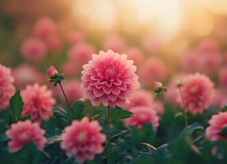 Aufkleber - Pink dahlia flowers blooming in garden at sunset