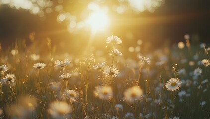 Poster - Golden sunlight illuminating white daisy flowers in spring meadow