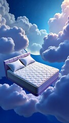 Poster - A bed is floating in the sky with clouds. The bed is on top of a mattress. There are two pillows on the bed