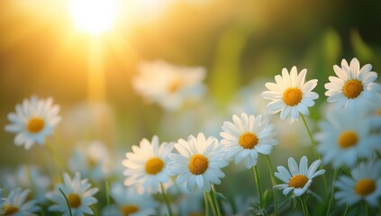 Poster - White daisies blooming in spring meadow at sunset