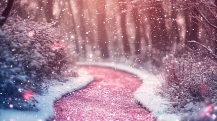 Poster - Magical winter path in snowy forest with pink glitter.