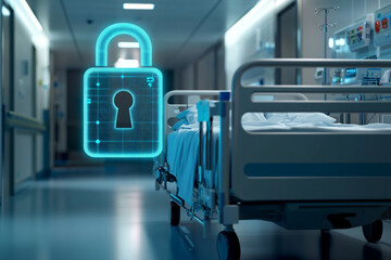 Poster - Blue digital padlock overlayed on hospital bed in a sterile hallway for data security concept