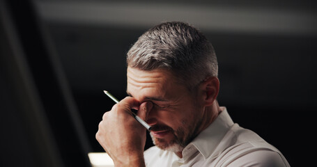 Poster - Deadline, headache or stress and business man in office at night with brain fog or burnout. Bankruptcy, debt and eye strain with frustrated employee in professional workplace for compliance or tax