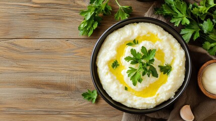 Poster - Creamy mashed potato bowl with olive oil and parsley sprigs on rustic wooden table culinary delight
