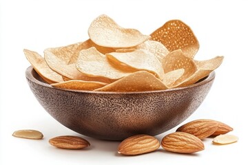 Aufkleber - Crispy almond chips overflowing from organic wooden bowl against a pristine white background  isolated food shot