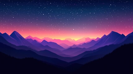 Poster - Majestic mountain range at sunset under a starry sky.