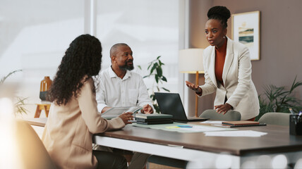 Poster - Laptop, planning and teamwork with business people in office for strategy, project and research. Company growth, market report and brainstorming with employees in agency for discussion and meeting