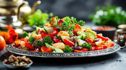 Poster - Vibrant garden salad with crisp cucumber juicy tomatoes and aromatic herbs on a silver platter close up food concept