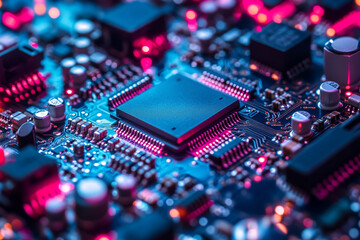 Poster - A close up shot of a computer circuit board with a central processor unit and glowing lights