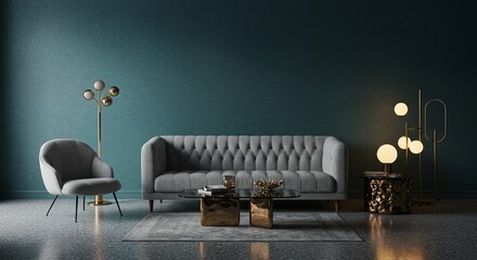 Poster - A modern living room with a grey couch, a chair, a coffee table, and a lamp