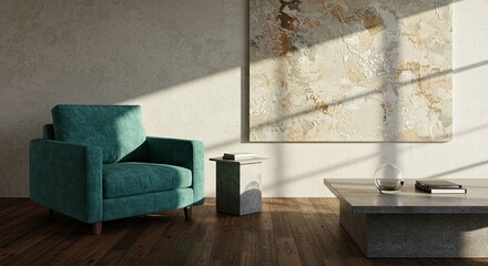 Poster - A green chair is sitting in front of a large painting on a wall