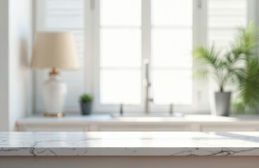 Aufkleber - White marble table bright home interior. Natural light falls on counter with lamp, plant, window background. Ideal for product display, advertising text, showcasing goods.