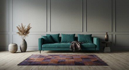 Poster - A living room with a green couch and a rug with a pattern of squares