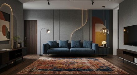 Poster - A living room with a blue couch and a rug