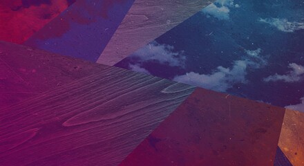 Poster - A colorful abstract painting of a sky with clouds and a wood grain background