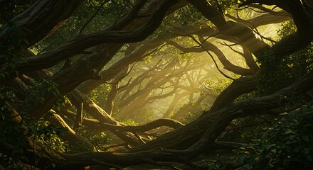 Poster - A forest with trees that are very tall and have a lot of leaves