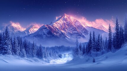 Poster - Majestic snow-capped mountains at night, illuminated by a pink glow, with a waterfall and snow-covered pine trees.