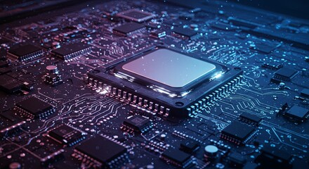 Poster - A computer chip is shown in a blue and purple color scheme