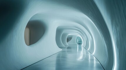 Poster - Serene and futuristic corridor with organic architecture flowing design and sleek reflections in minimalist style captured with wide angle lens