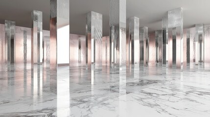 Poster - Rose quartz wall with glass pillars and marble floor in a modern abstract architectural space