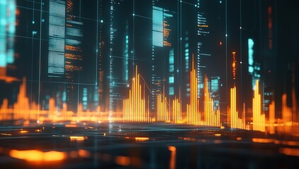 Poster - Futuristic Cityscape at Night with Glowing Neon Lights and Digital Data Streams