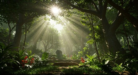 Poster - A forest with sunlight shining through the trees