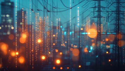 Poster - Futuristic City Night Lightscape with Glowing Wires and Bokeh