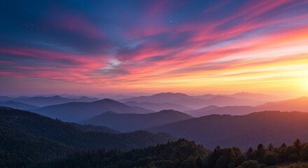 Poster - A beautiful sunset over a mountain range with a clear blue sky