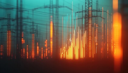 Poster - Glowing Power Lines at Night Abstract Industrial Landscape