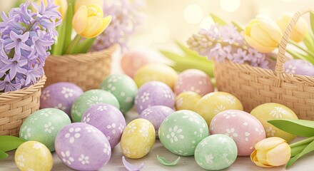 Aufkleber - A basket of Easter eggs with flowers and a basket of flowers