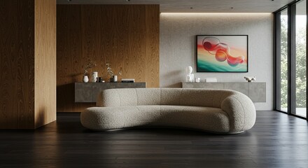 Poster - A living room with a large couch and a colorful abstract painting on the wall