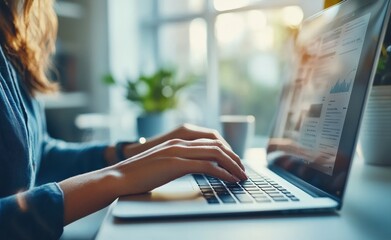 Poster - Businesswoman working on laptop: analyzing charts and data in modern office