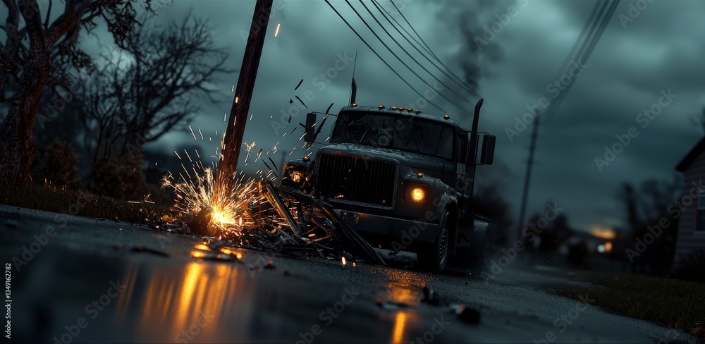 Truck collision sparks chaos on stormy street urban accident scene ...