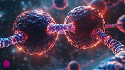 Aufkleber - Microscopic view of interconnected cells, glowing red and blue, detailed 3D render.