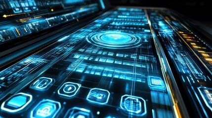 Poster - Futuristic digital interface display, technological panels, electronic screen, data processing, control panel, graphic design, for technology concept