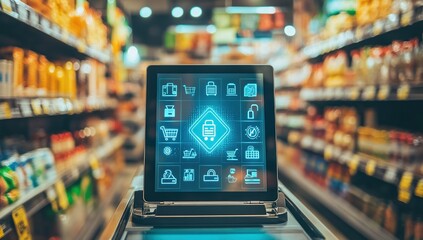 Aufkleber - Digital Tablet Displaying Shopping Apps in Supermarket Aisle