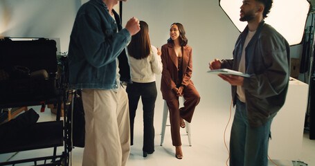 Poster - Conversation, photography and tablet with people in studio together for discussion, photoshoot or planning. Behind the scenes, creative or media with makeup artist, model and photographer on set