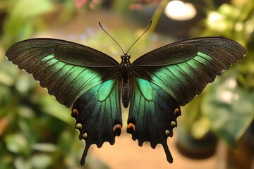 Poster - Vibrant tropical butterfly displaying stunning green and black colors in a lush garden setting
