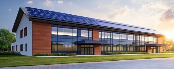 Poster - A modern building featuring solar panels, large glass windows, and a blend of wood and white exterior, set against a bright sky, sustainable living lifestyle.