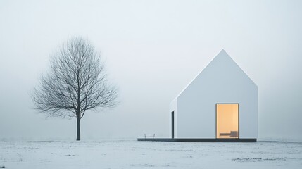 Aufkleber - minimalist white house in snowy landscape with bare tree.