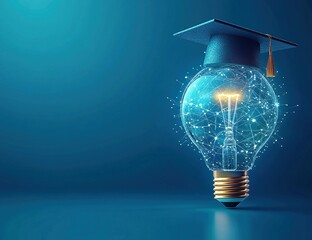 Poster - Glowing Lightbulb with Graduation Cap on Blue Background