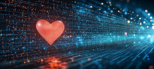 Poster - Digital Heart Monitor in Geometric Data Streams, Red Glowing Healthcare Concept on Virtual Grid