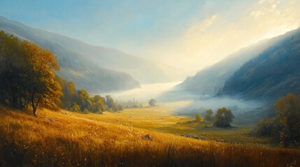 Poster - Misty autumn valley sunrise, golden meadow, mountains, trees.