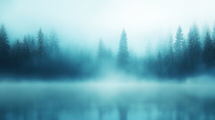 Poster - Misty forest reflected in a still lake at dawn.