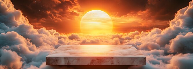 Wall Mural - a podium sculpted from swirling clouds, suspended in the air above a glowing sunset horizon