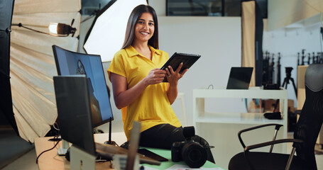 Aufkleber - Photographer, tablet and woman with pictures, camera and happy for post production in studio or online. Photography, photo editor and person with tech for project, portrait and smile for magazine