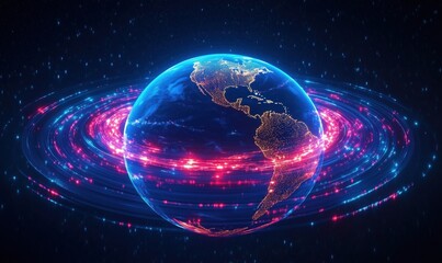 Poster - Glowing Earth Surrounded by Vibrant Light Trails Representing Global Connectivity