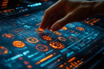 Leinwandbilder - Hand interacting with futuristic touchscreen interface displaying gears and technical layouts in a modern technology setting